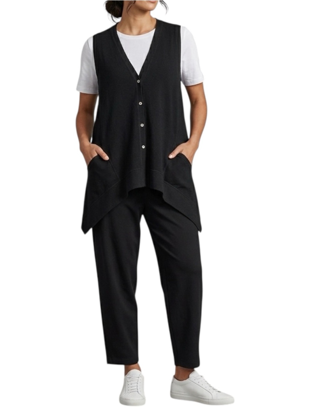 LOGO Lounge Black Button Front Sleeveless Cardigan Vest Asymmetric Hem Size XL